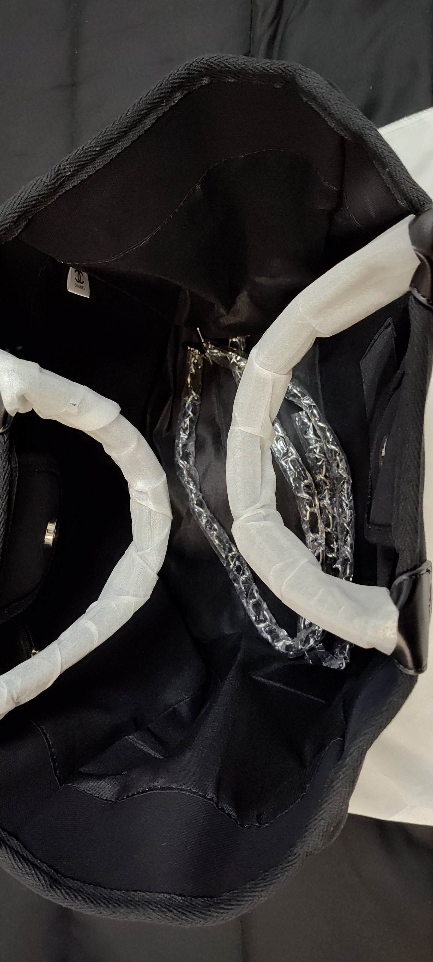 Inspired By: Chanel deauville tote white embroidered letters, canvas bag